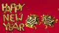 happy new year golden illustration word, two Stars represents new year event, background red poster of happy new year